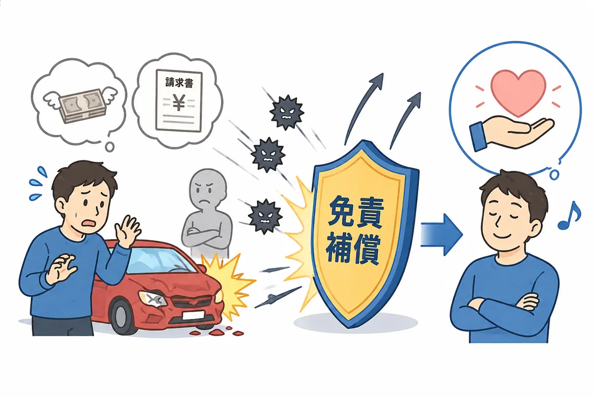 免責補償のイメージイラスト。事故で修理費の請求に困っていたお客様が、免責補償が盾となって守られ、安心した表情になる様子