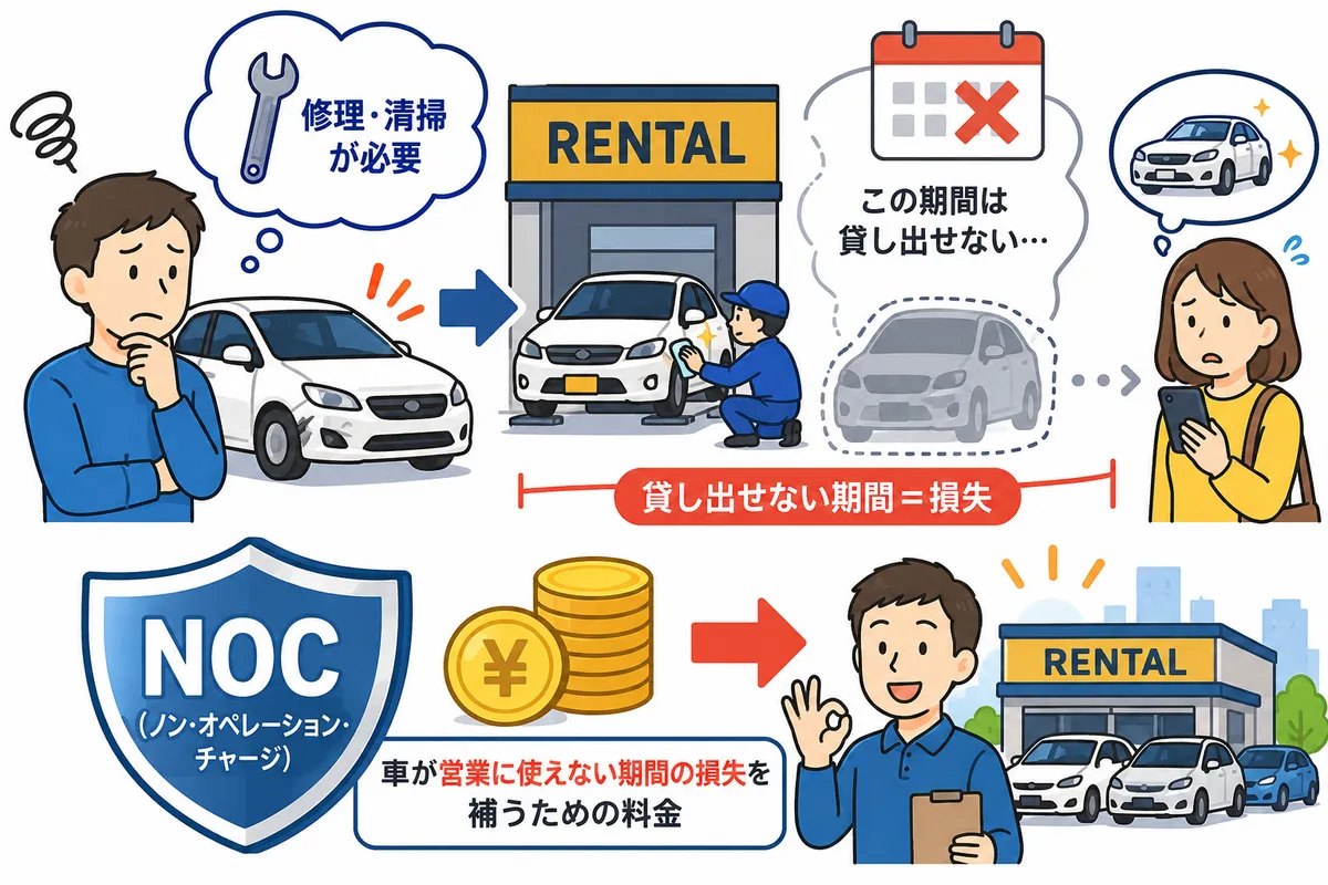 NOC(ノン・オペレーション・チャージ)のイメージイラスト。修理・清掃が必要になると、その期間は車を貸し出せず損失が発生する。NOCは車が営業に使えない期間の損失を補うための料金